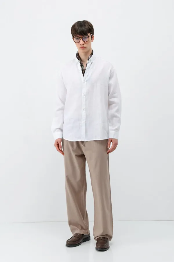 Pantalon ample en lin avec taille élastiquée, couleur vison