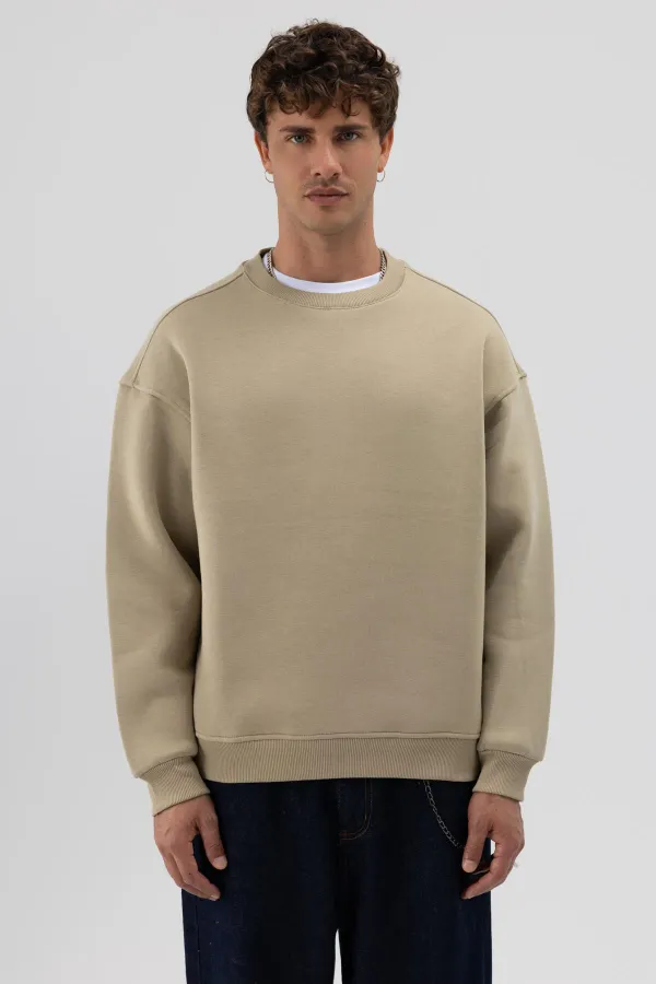 Sweat-shirt basique à col rond et coupe oversize kaki