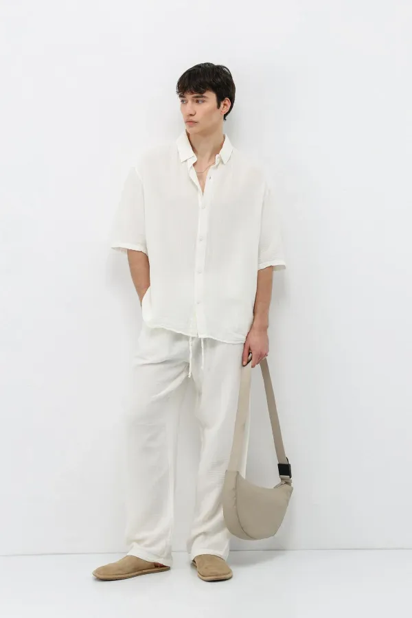 Ensemble en lin et mousseline coupe décontractée, écru