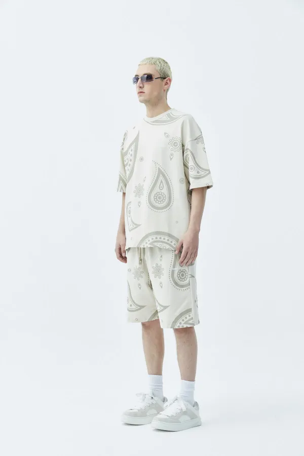 Oversize Desenli Şort Tişört Takım Bej
