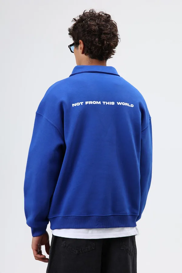 Polo Yaka Oversize Baskılı Yıkamalı Sweatshirt Saks