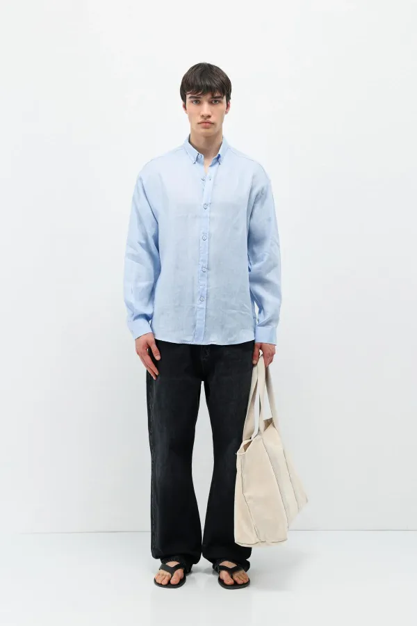 100% Linen Oversize Long-Sleeve Shirt, Baby Blue