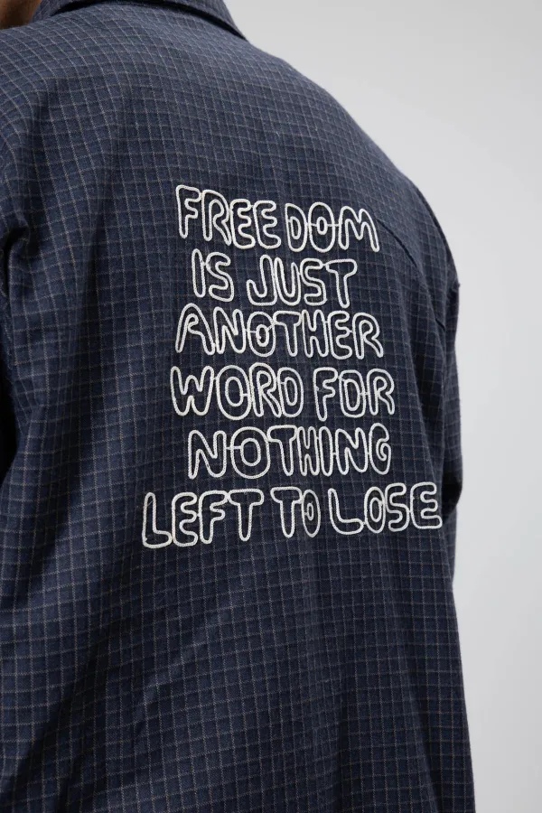 Oversize Baskılı Günlük Kareli Gömlek Lacivert