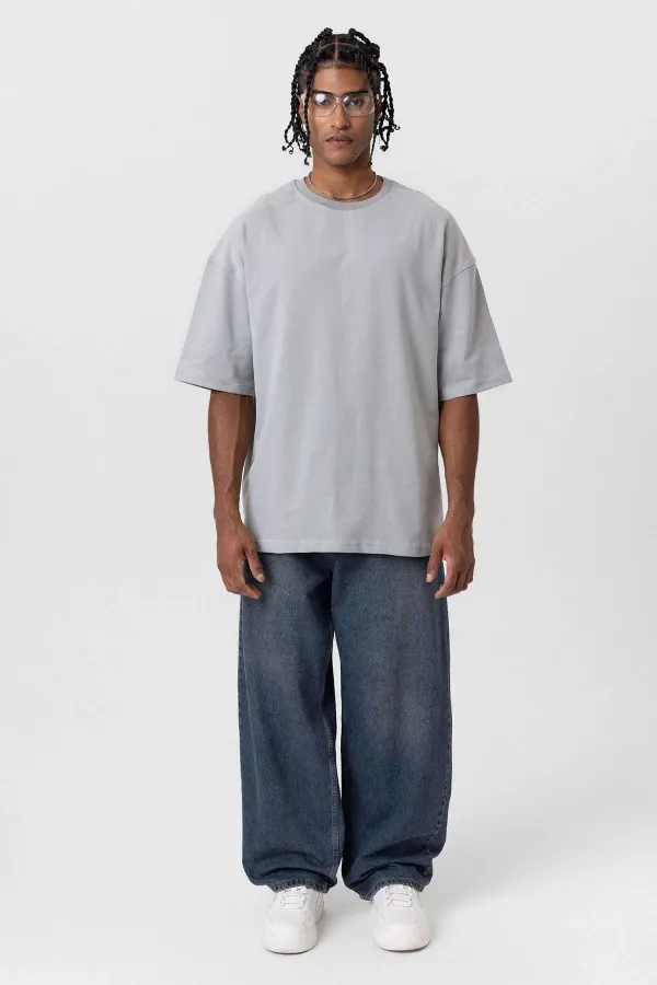 Basic Oversize Bisiklet Yaka Tişört Gri