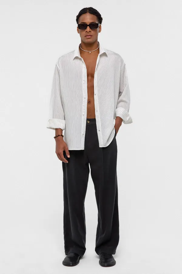 Oversize Çizgili Uzun Kollu Gömlek Beyaz