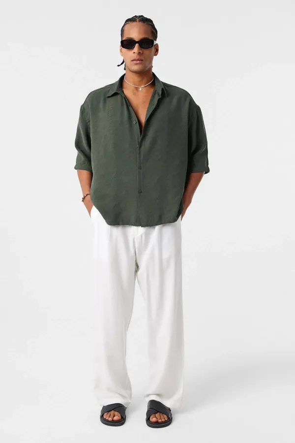Oversize Short Sleeve Modal Fabric Shirt Khaki