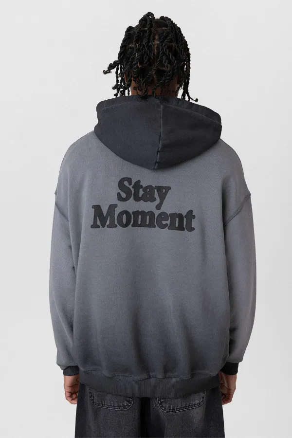 Premium Washed Oversize Hooded Sweatshirt with Text Detail, Black