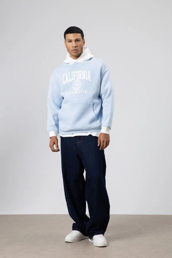 Çift Renk Baskılı Oversize Sweatshirt Bebe Mavi