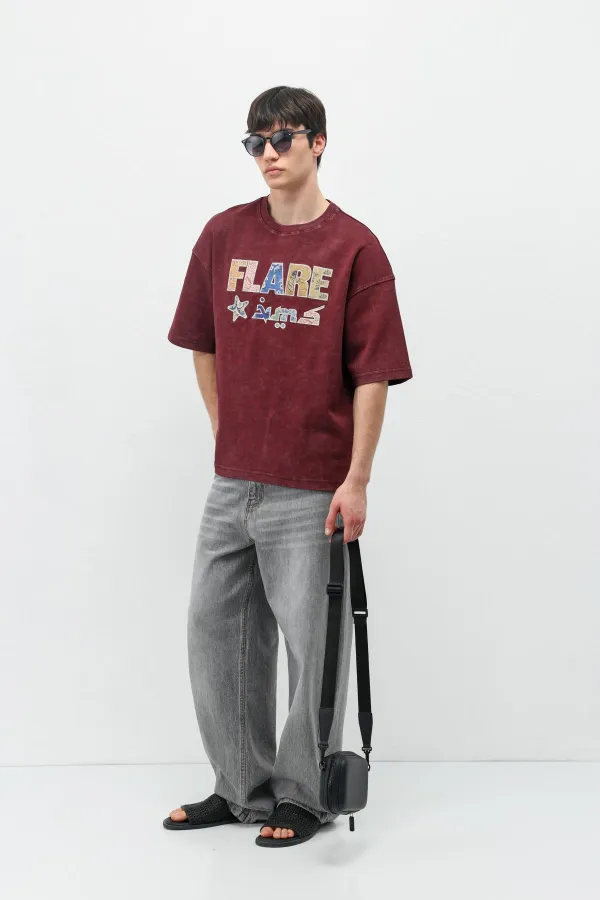 Baskılı Oversize Tişört Bordo