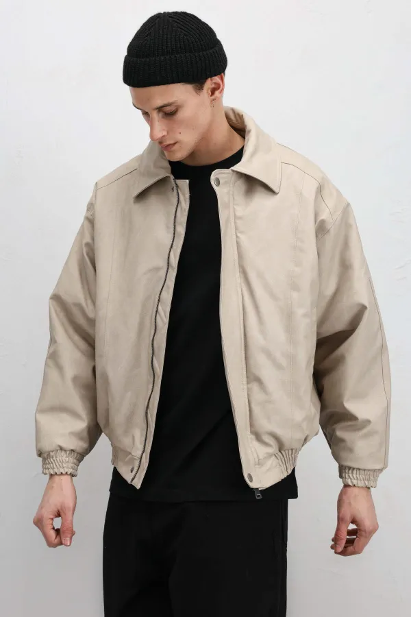 Blouson aviateur oversize en cuir couleur pierre