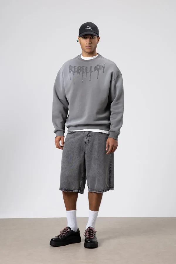 Sweat-shirt oversize imprimé délavé, gris foncé