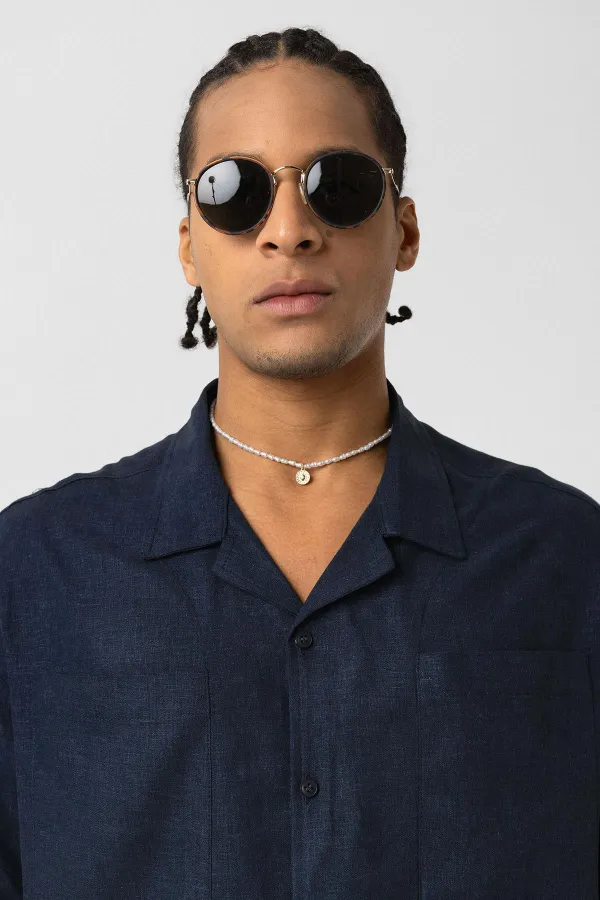 Double Pocket Oversize Linen Shirt Navy Blue