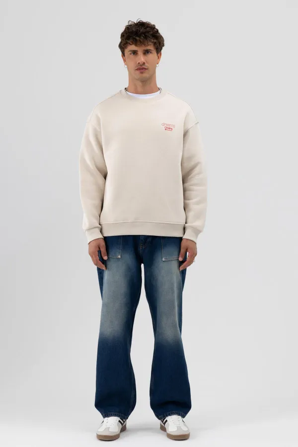 Oversize Bisiklet Yaka Baskılı Sweatshirt Taş