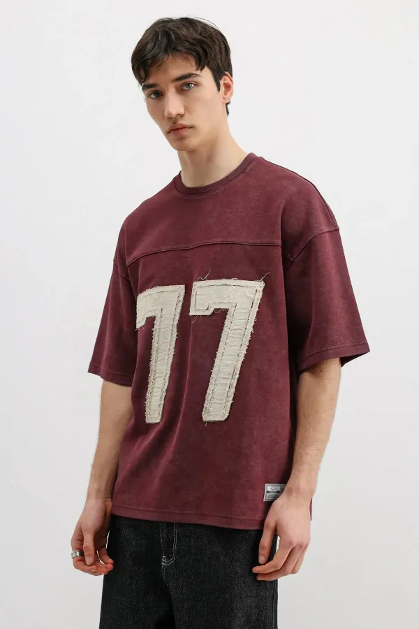 Numara Baskılı Oversize Tişört Bordo