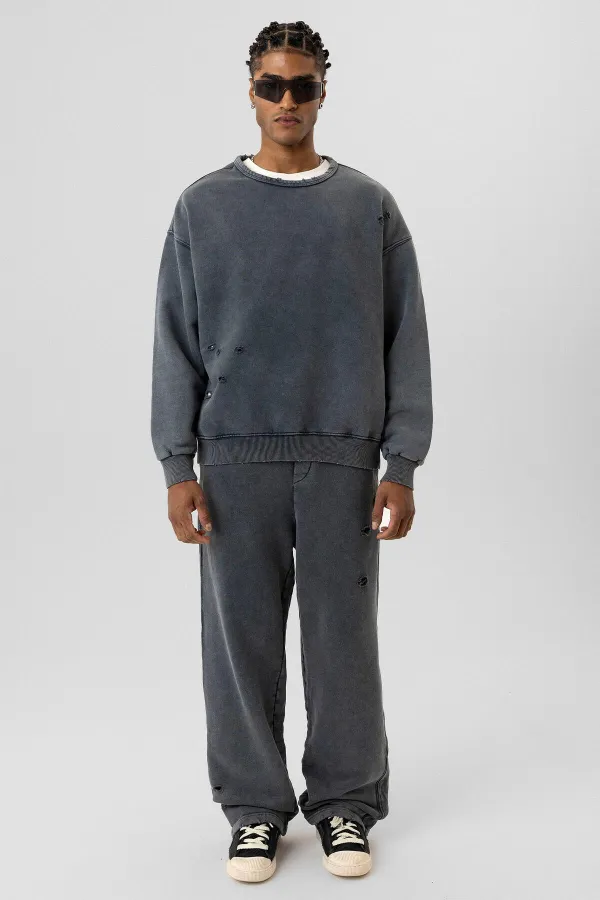Premıum Yıkamalı Yırtık Detaylı Oversize Eşofman Takım Antrasit