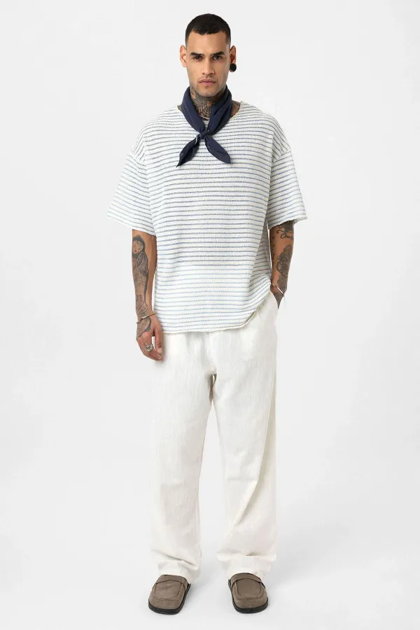 T-shirt rayé oversize en maille bleu ciel