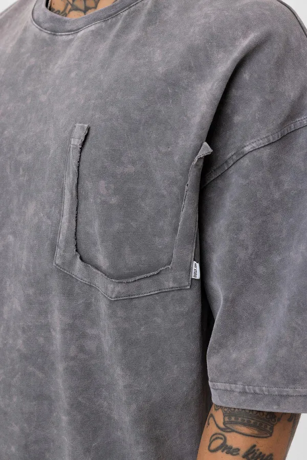 Yıkamalı Cep Detaylı Oversize Tişört Açık Füme