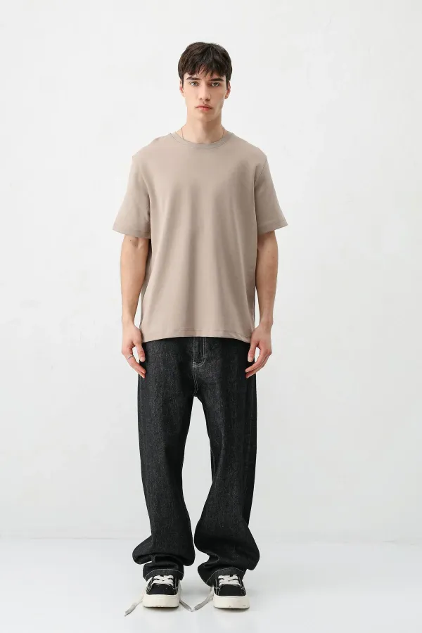 Kısa Kollu Boxy Fit Tişört Vizon