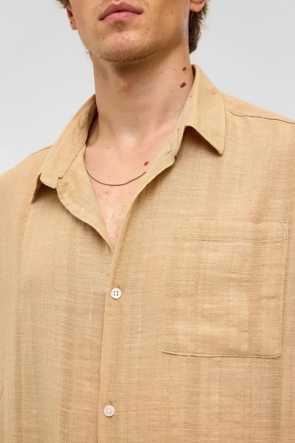 Chemise oversize rayée à manches longues en lin, couleur vison