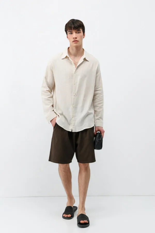 Uzun Kollu Basic Oversize Gömlek Bej