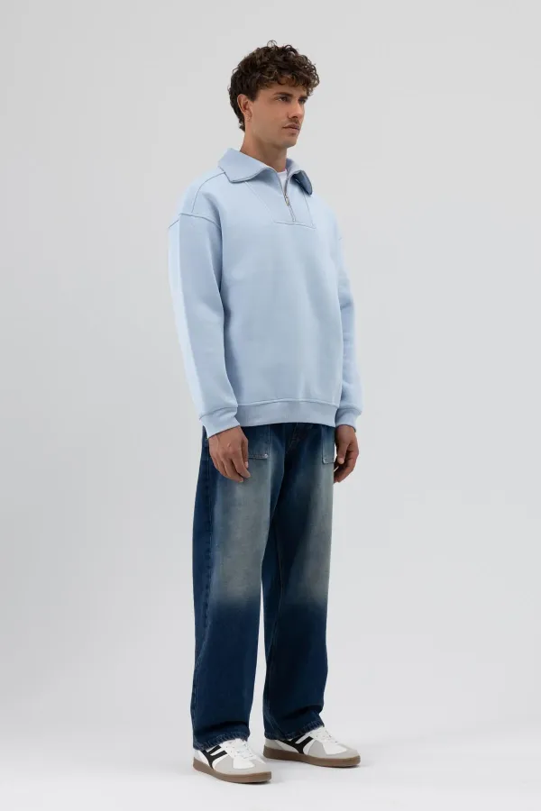 Basic Zip-Up Stand-Up Collar Sweatshirt Baby Blue