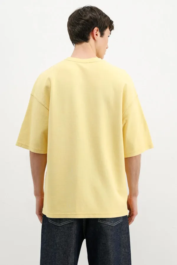Yıkamalı Yazı Baskılı Oversize Tişört Sarı