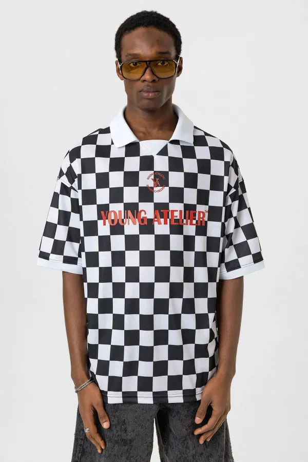 Oversize Polo Yaka Forma Tişört SİYAH/BEYAZ