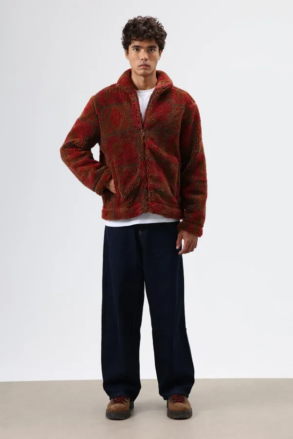 Oversize Peluş Mont Bordo