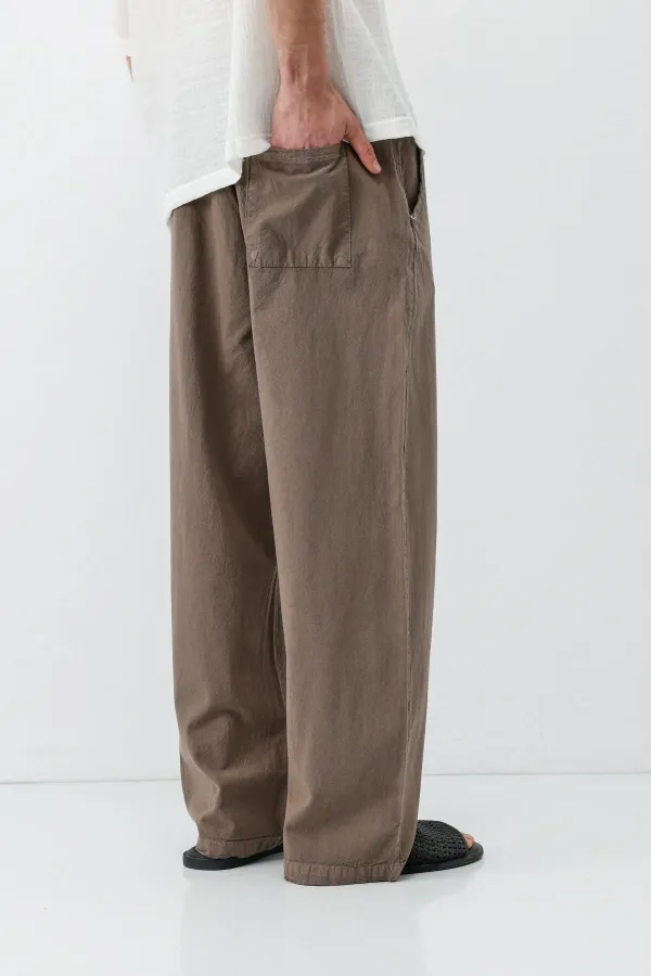 Bel Lastikli Baggy Fit Keten Pantolon Açık Kahve