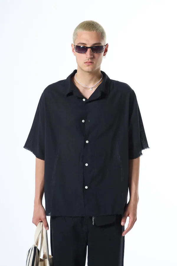 Dikişsiz Kısa Kol Cepsiz Oversize Keten Gömlek Siyah