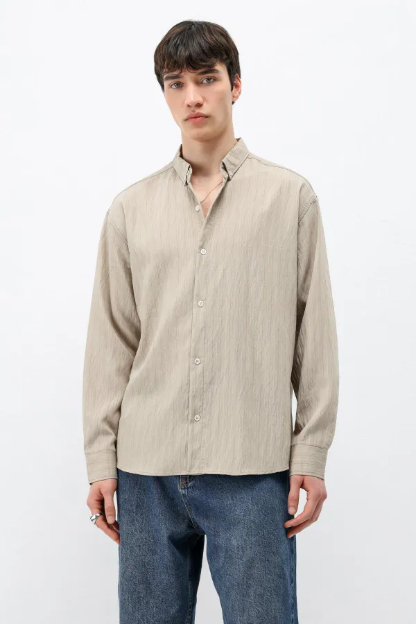 Çizgili Oversize Gömlek Bej