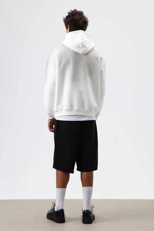 Oversize Baskılı Yıkamalı Hoodie Ekru