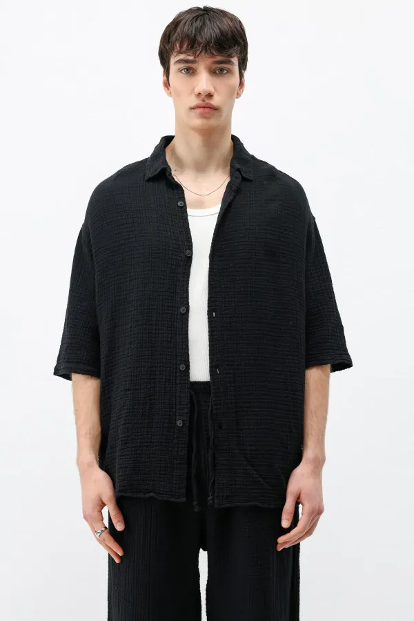 Muslin Fabric Relaxed Fit Linen Set Black