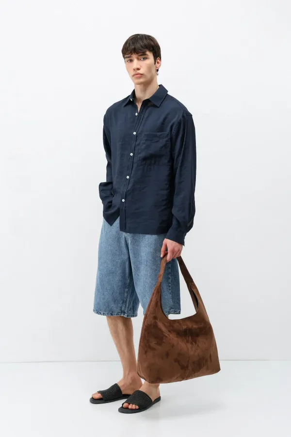 Modal Fabric Oversize Shirt with Pockets, Navy Blue