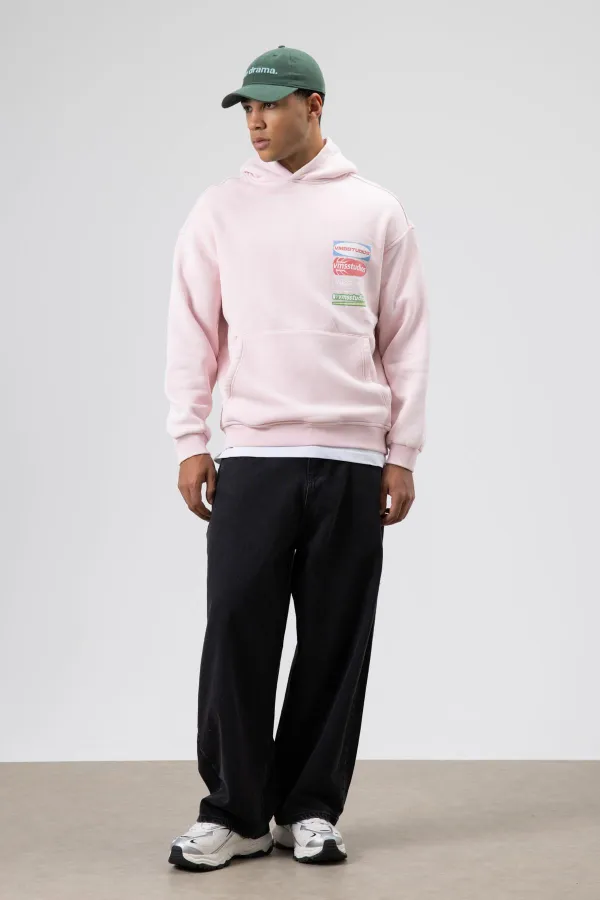 Oversize Washed Print Hooded Sweatshirt Pink