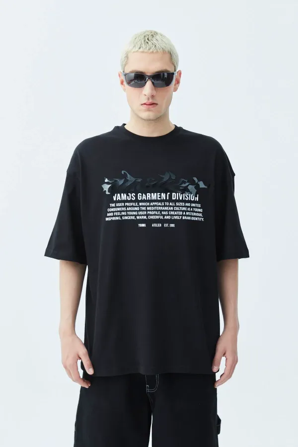 Atelier Kabartma Baskılı Oversize Tişört Siyah