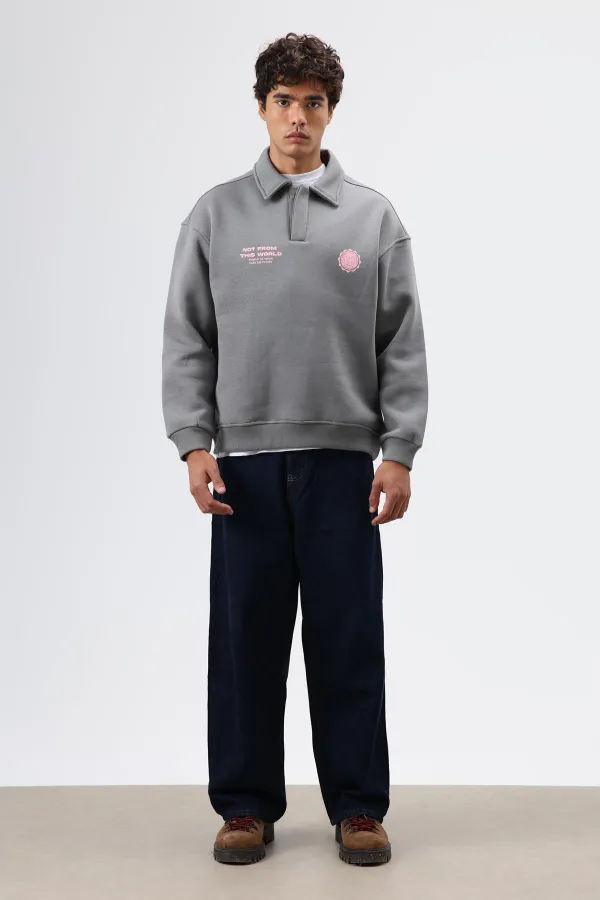 Polo Yaka Oversize Baskılı Yıkamalı Sweatshirt Füme