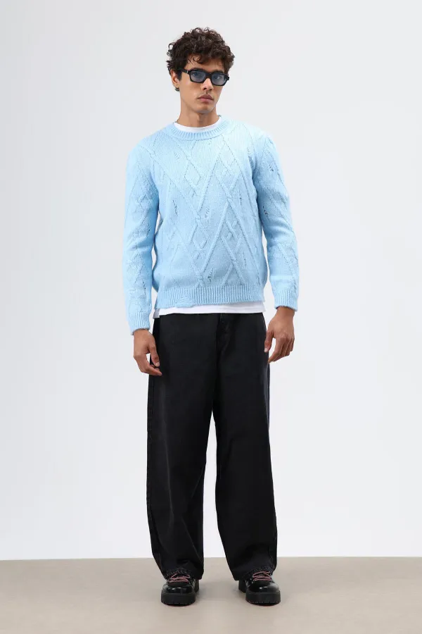 Pull oversize en maille à motifs, bleu ciel