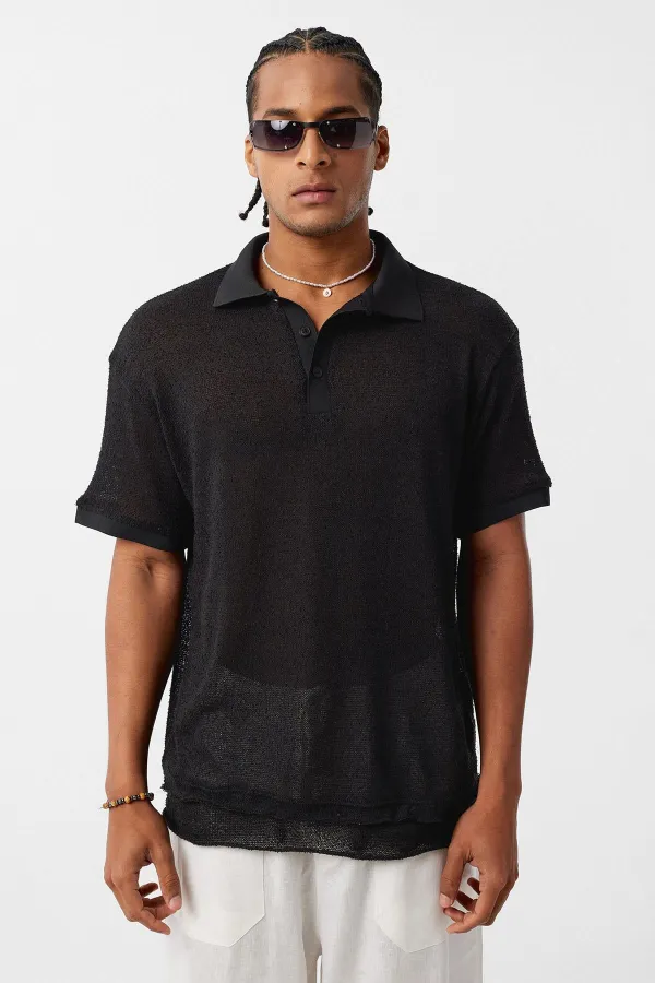 Polo Yaka Triko Oversize Tişört Siyah