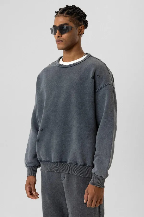 Premıum Yıkamalı Yırtık Detaylı Oversize Eşofman Takım Antrasit