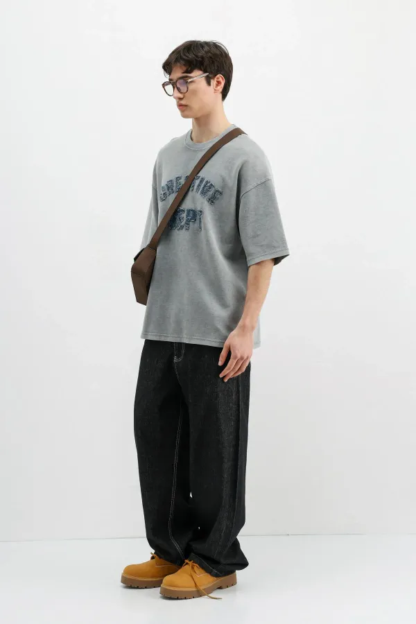 Yıkamalı Yazı Baskılı Oversize Tişört Gri