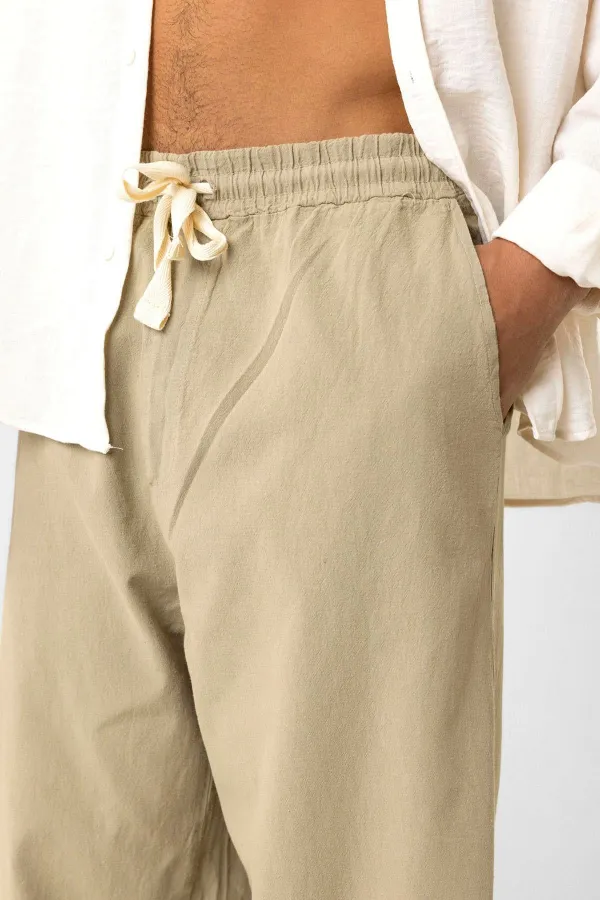Bel Lastikli Baggy Fit Keten Pantolon Açık Haki