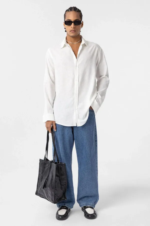 Basic Oversize Uzun Kollu Keten Gömlek Naturel