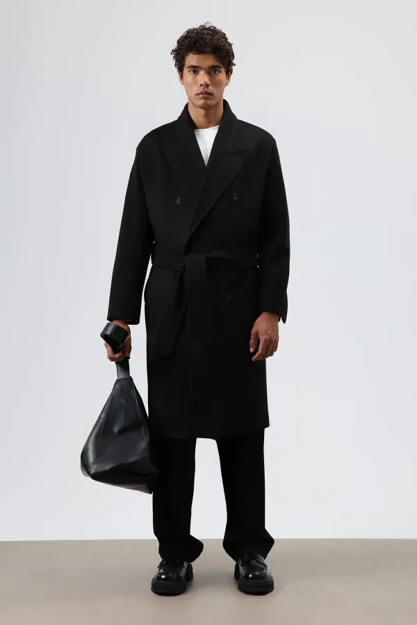 Oversize Kruvaze Kaşe Kaban Siyah