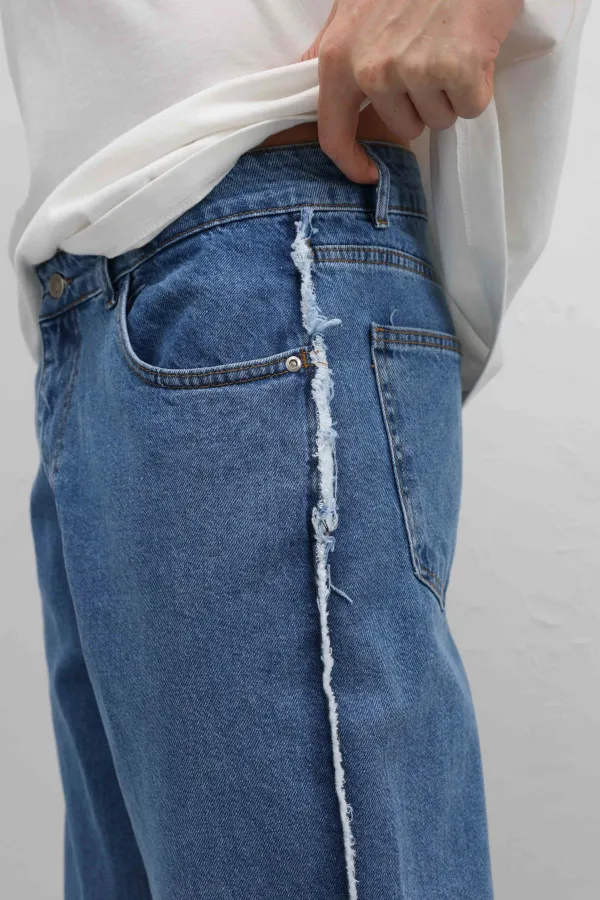 Yan Dikiş Detaylı Baggy Jean Mavi