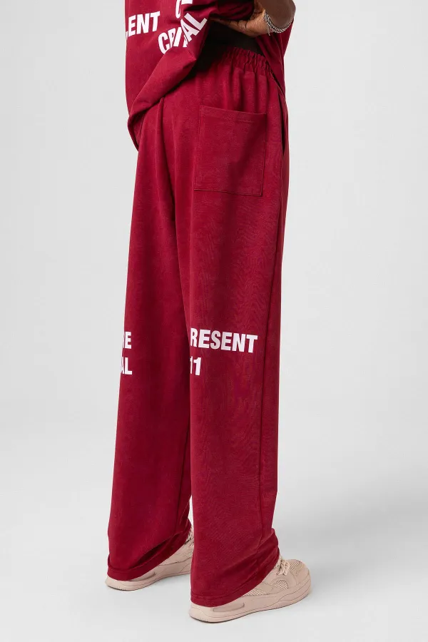 Yıkamalı Arka Baskılı Oversize Eşofman Takım Bordo