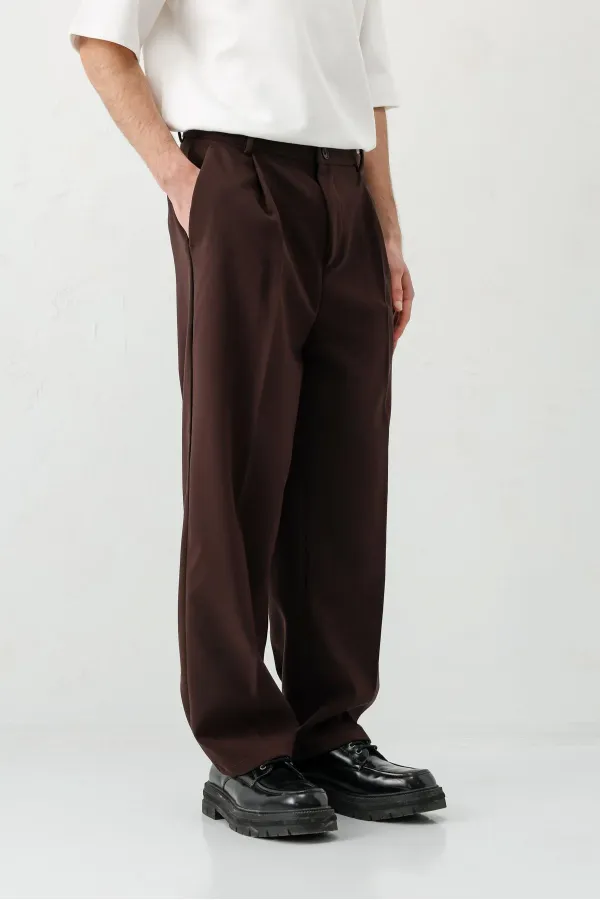 Baggy Fit Pleated Trousers, Brown