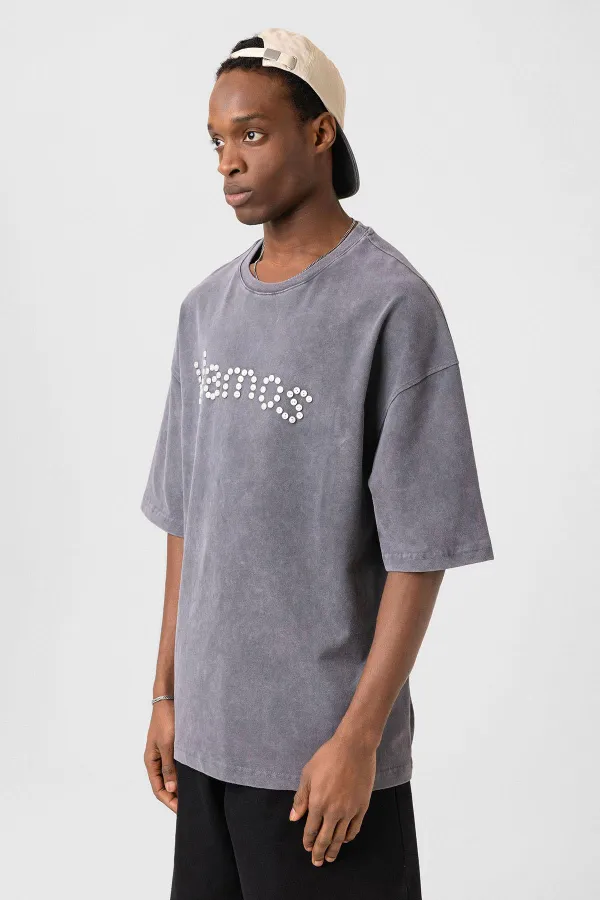 T-shirt oversize délavé à boutons, gris fumé