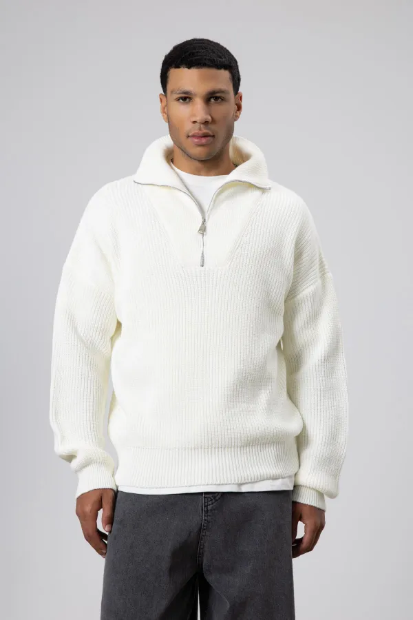 Yarım Fermuarlı Triko Kazak Ekru