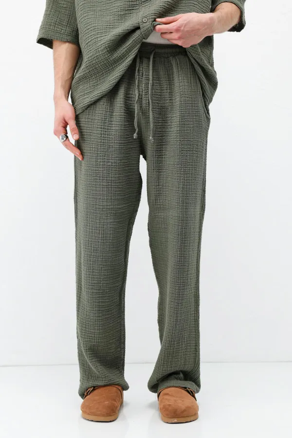 Müslin Kumaş Rahat Kalıp Keten Takım Haki